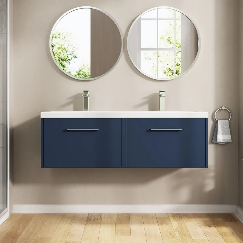 Juno 1200mm Wall Hung 2 Drawer Vanity Unit & Double Ceramic Basin - Midnight Blue Matt