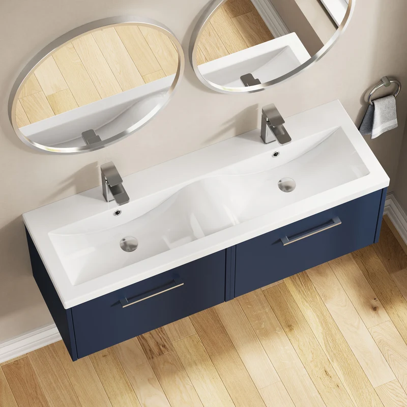 Juno 1200mm Wall Hung 2 Drawer Vanity Unit & Double Ceramic Basin - Midnight Blue Matt