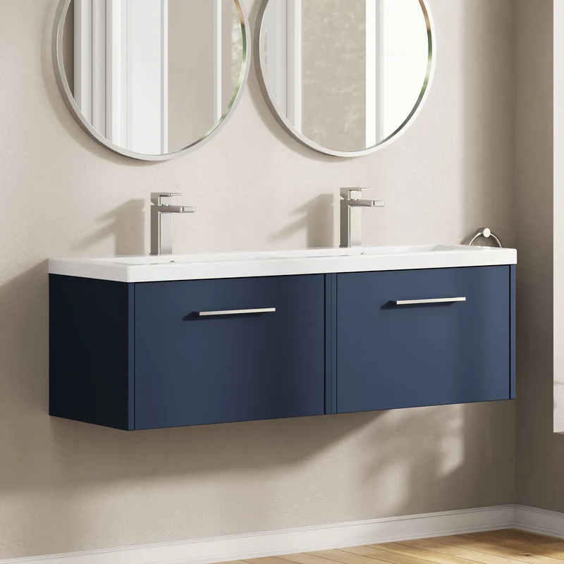 Juno 1200mm Wall Hung 2 Drawer Vanity Unit & Double Ceramic Basin - Midnight Blue Matt