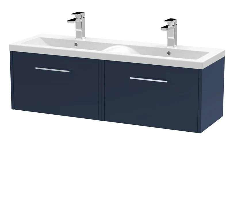 Juno 1200mm Wall Hung 2 Drawer Vanity Unit & Double Ceramic Basin - Midnight Blue Matt