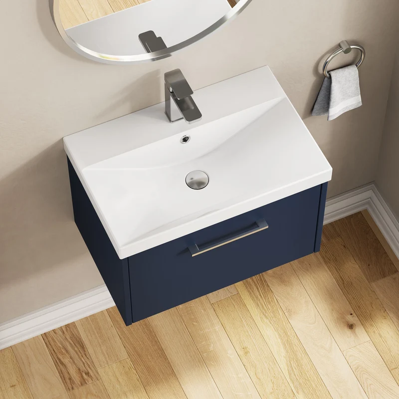 Juno 600mm Wall Hung 1 Drawer Vanity Unit & Thin Edge Ceramic Basin - Midnight Blue Matt