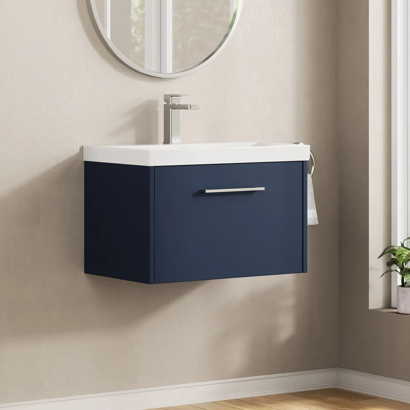 Juno 600mm Wall Hung 1 Drawer Vanity Unit & Thin Edge Ceramic Basin - Midnight Blue Matt