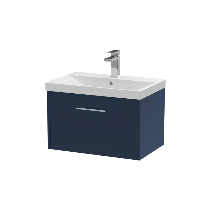 Juno 600mm Wall Hung 1 Drawer Vanity Unit & Thin Edge Ceramic Basin - Midnight Blue Matt