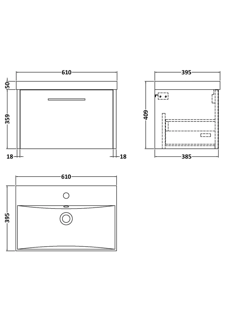 Juno 600mm Wall Hung 1 Drawer Vanity Unit & Thin Edge Ceramic Basin - Midnight Blue Matt