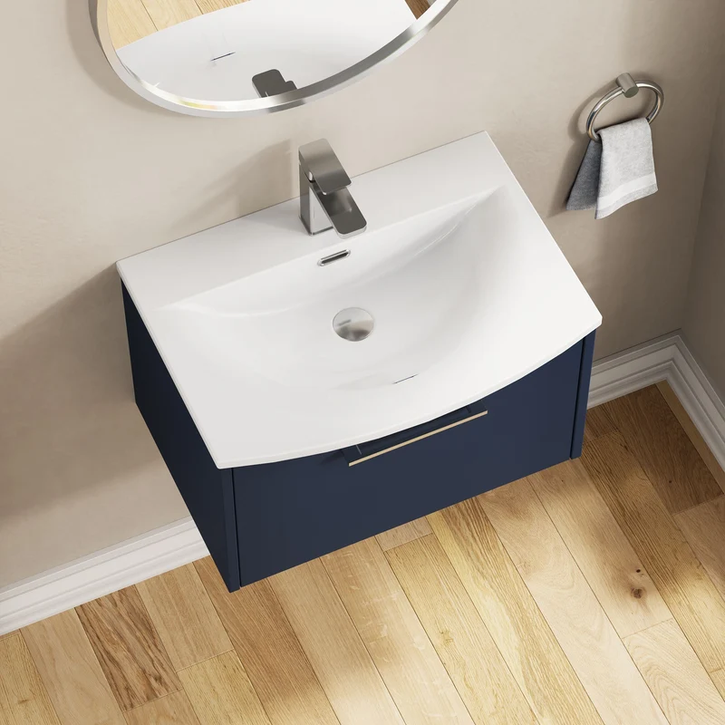 Juno 600mm Wall Hung 1 Drawer Vanity Unit & Curved Ceramic Basin - Midnight Blue Matt
