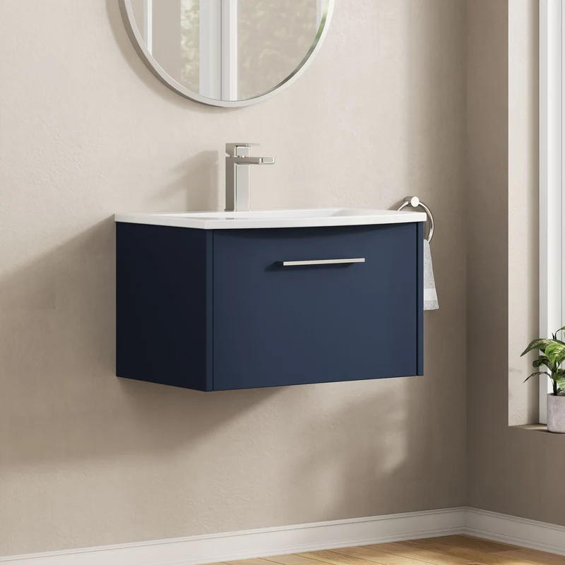 Juno 600mm Wall Hung 1 Drawer Vanity Unit & Curved Ceramic Basin - Midnight Blue Matt