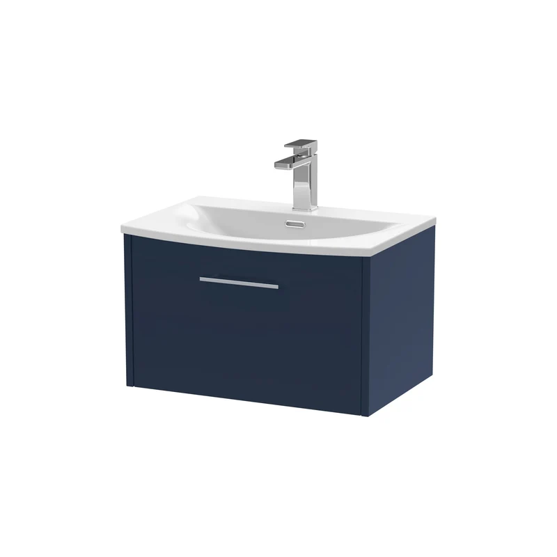 Juno 600mm Wall Hung 1 Drawer Vanity Unit & Curved Ceramic Basin - Midnight Blue Matt