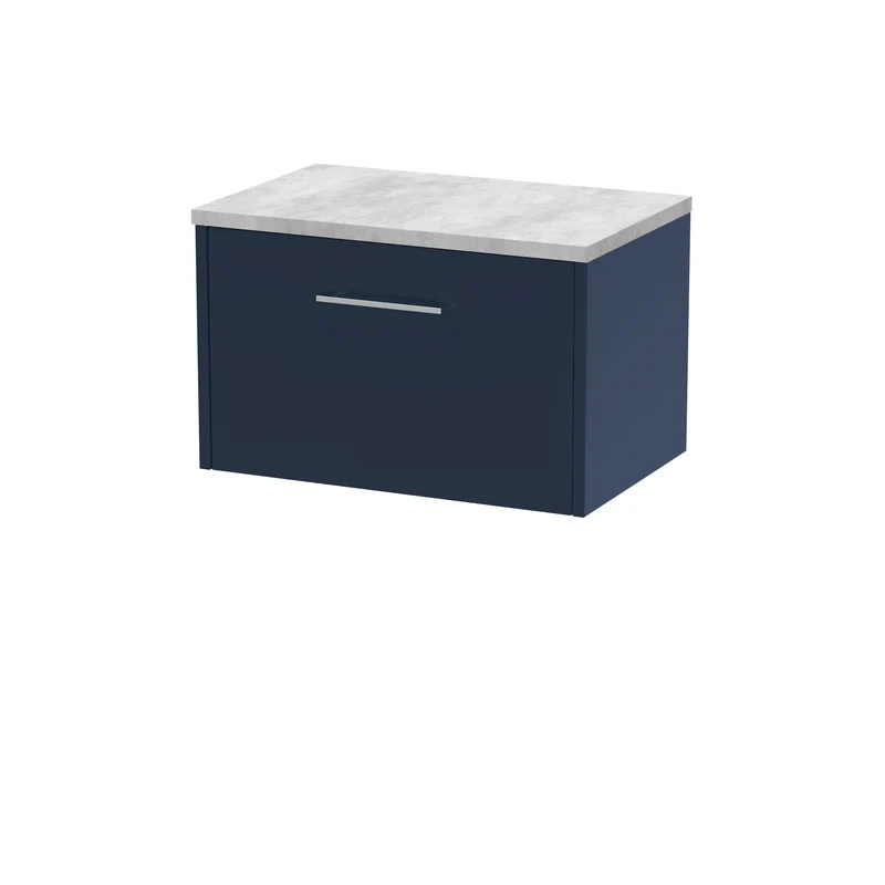 Juno 600mm Wall Hung 1 Drawer Vanity Unit & Bellato Grey Laminate Worktop - Midnight Blue Matt