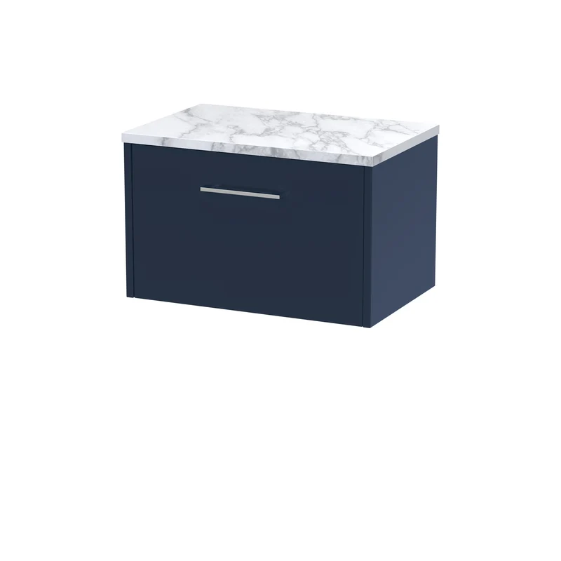 Juno 600mm Wall Hung 1 Drawer Vanity Unit & Carrera Marble Laminate Worktop - Midnight Blue Matt