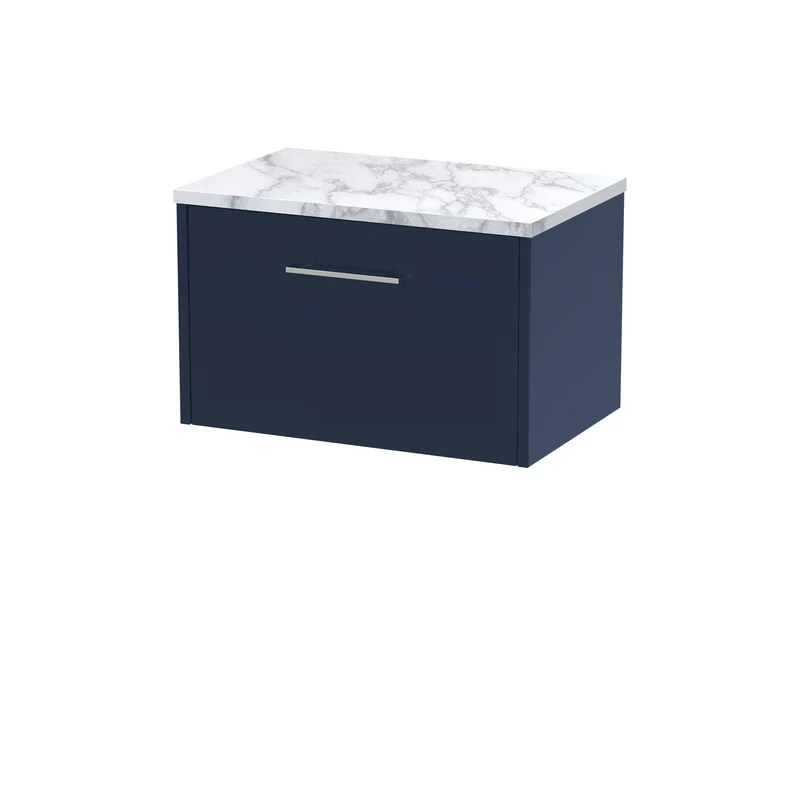 Juno 600mm Wall Hung 1 Drawer Vanity Unit & Carrera Marble Laminate Worktop - Midnight Blue Matt