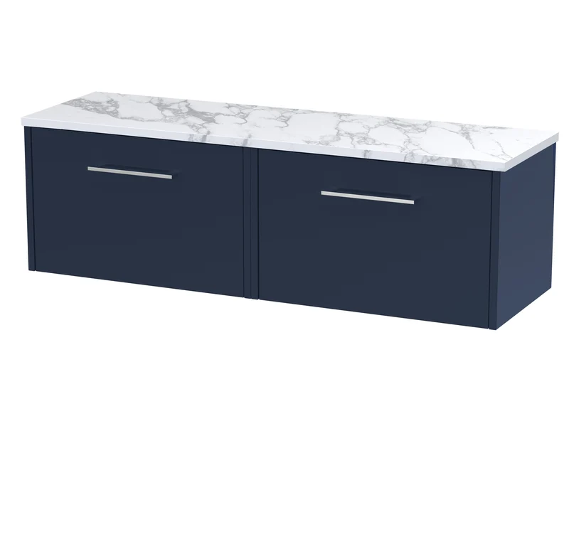 Juno 1200mm Wall Hung 2 Drawer Vanity Unit & Carrera Marble Laminate Worktop - Midnight Blue Matt