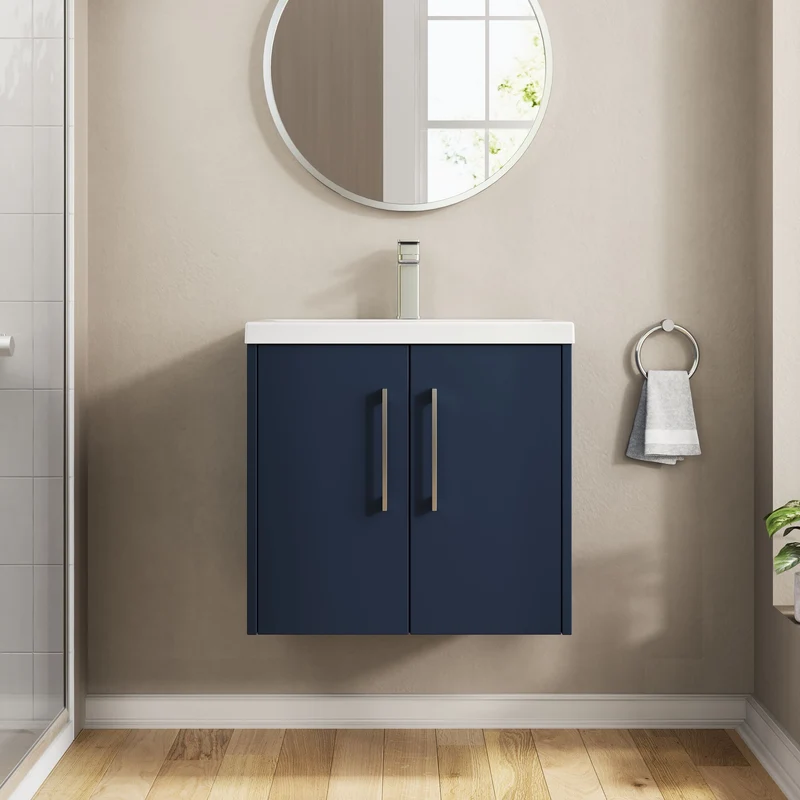 Juno 600mm Wall Hung 2 Door Vanity Unit & Mid Edge Ceramic Basin - Midnight Blue Matt