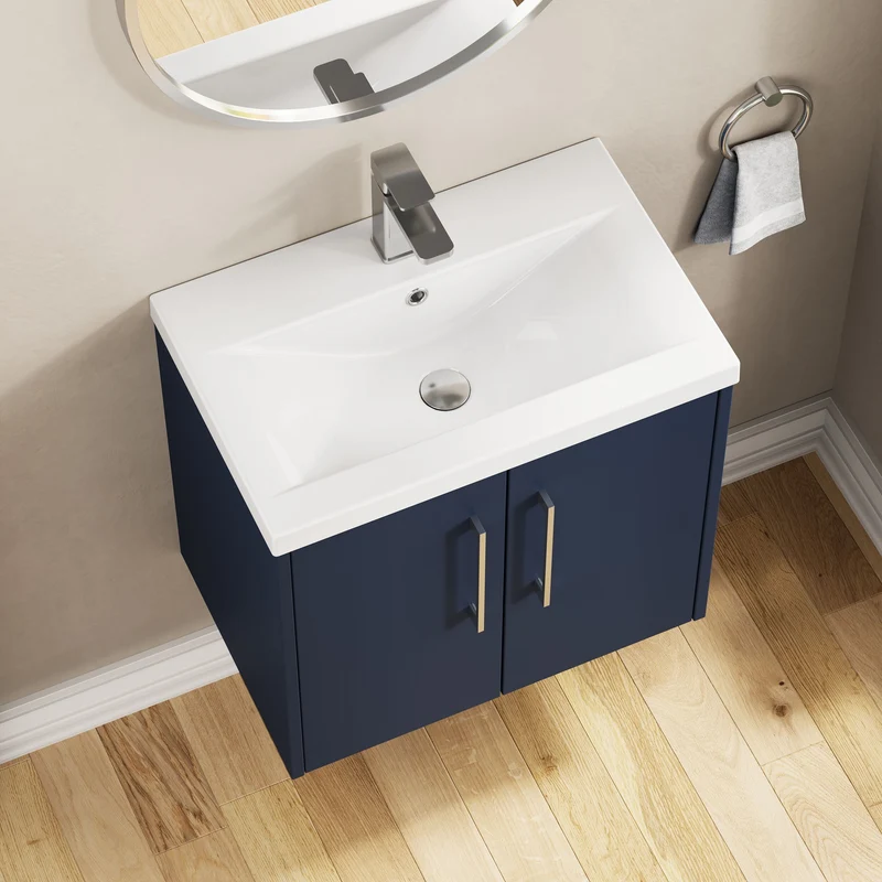 Juno 600mm Wall Hung 2 Door Vanity Unit & Mid Edge Ceramic Basin - Midnight Blue Matt