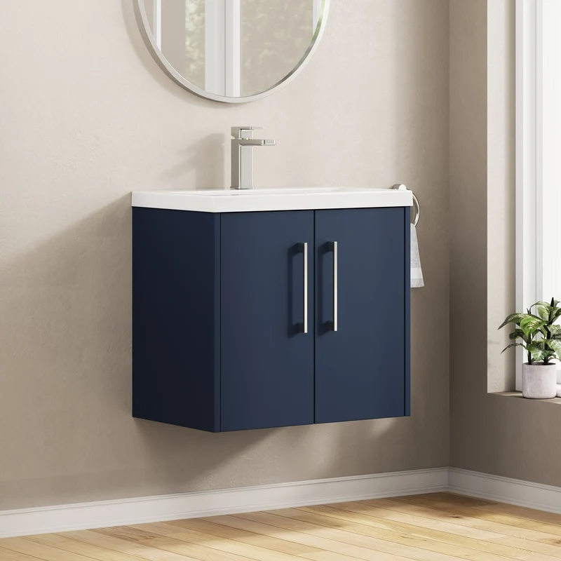 Juno 600mm Wall Hung 2 Door Vanity Unit & Mid Edge Ceramic Basin - Midnight Blue Matt