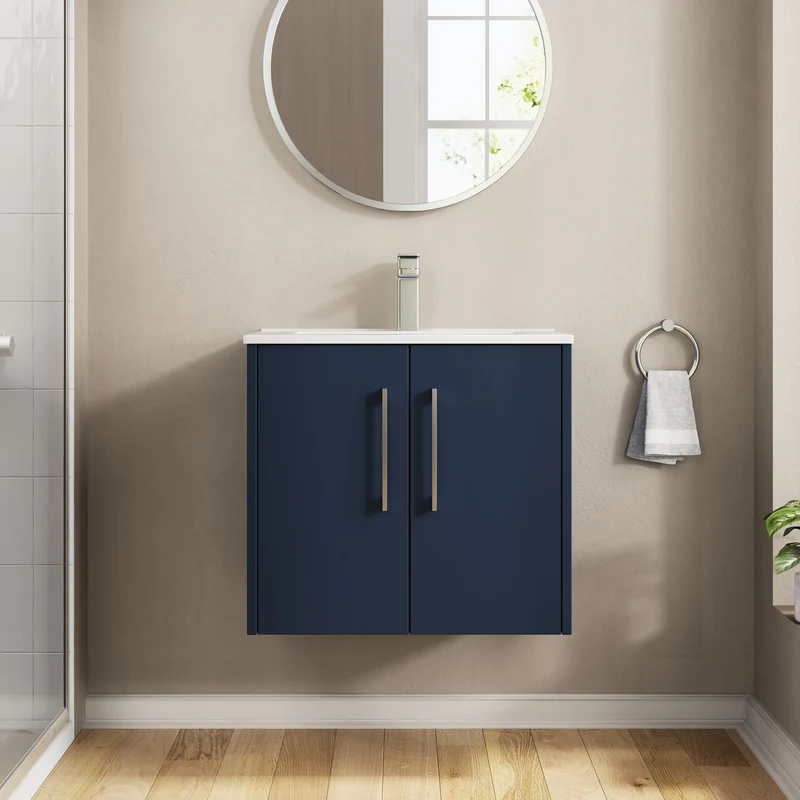 Juno 600mm Wall Hung 2 Door Vanity Unit & Minimalist Ceramic Basin - Midnight Blue Matt