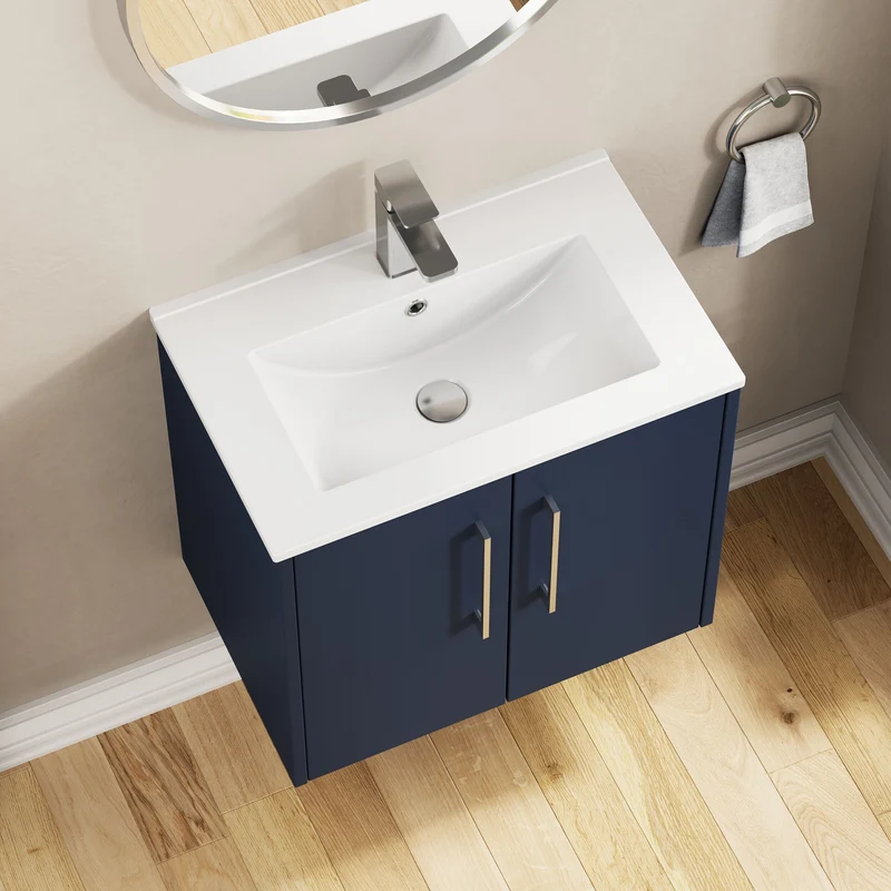 Juno 600mm Wall Hung 2 Door Vanity Unit & Minimalist Ceramic Basin - Midnight Blue Matt