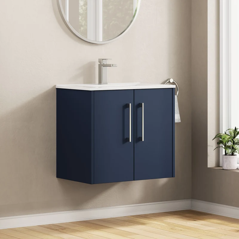 Juno 600mm Wall Hung 2 Door Vanity Unit & Minimalist Ceramic Basin - Midnight Blue Matt