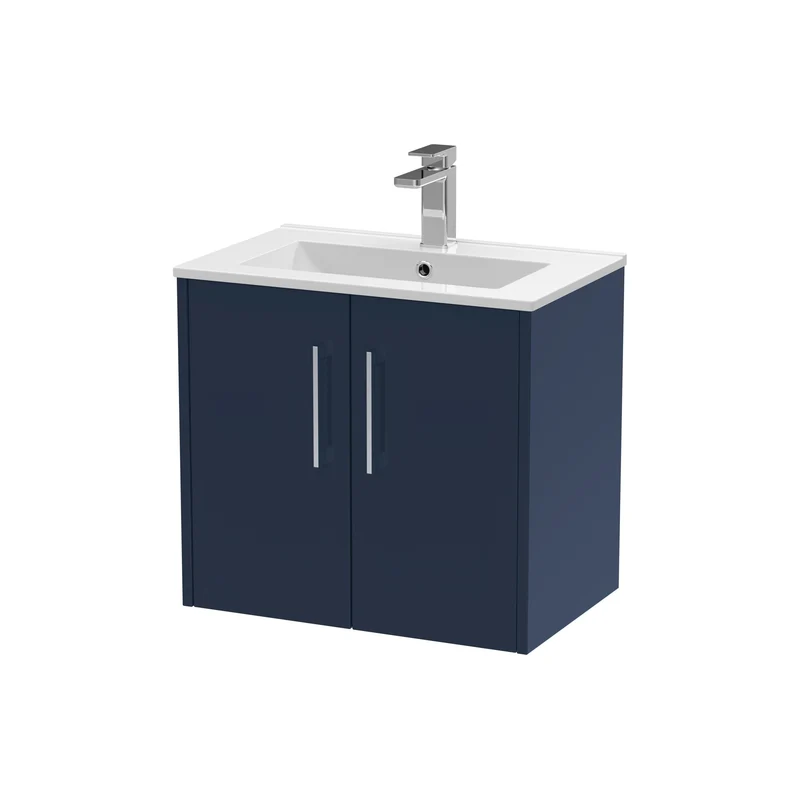Juno 600mm Wall Hung 2 Door Vanity Unit & Minimalist Ceramic Basin - Midnight Blue Matt