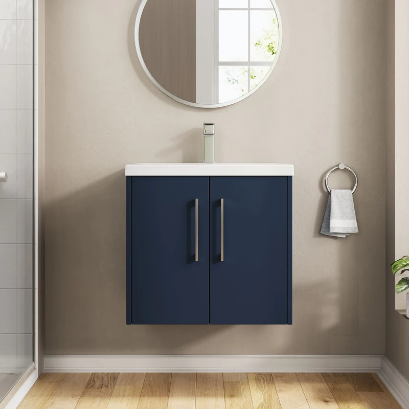Juno 600mm Wall Hung 2 Door Vanity Unit & Thin Edge Ceramic Basin - Midnight Blue Matt