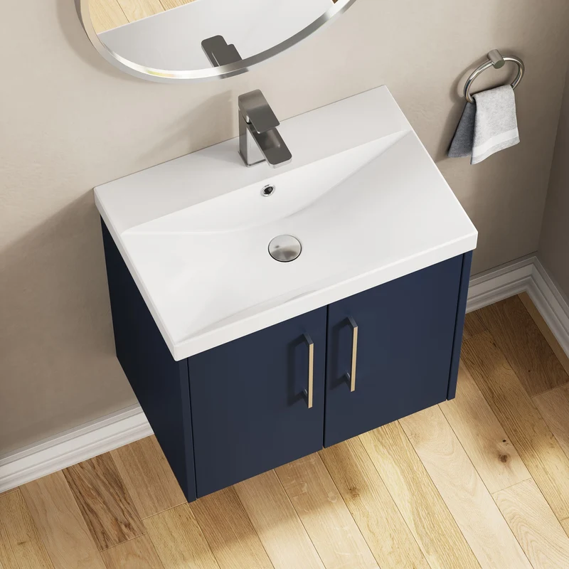 Juno 600mm Wall Hung 2 Door Vanity Unit & Thin Edge Ceramic Basin - Midnight Blue Matt