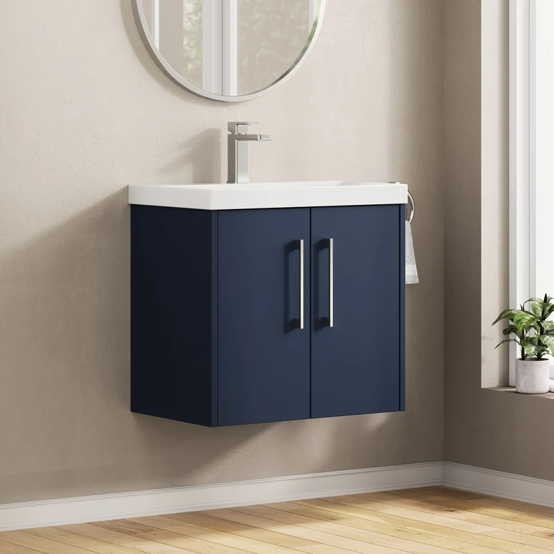 Juno 600mm Wall Hung 2 Door Vanity Unit & Thin Edge Ceramic Basin - Midnight Blue Matt