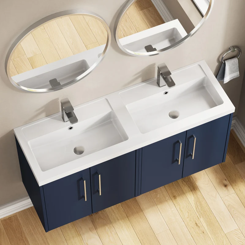 Juno 1200mm Wall Hung 4 Door Vanity Unit & Double Polymarble Basin - Midnight Blue Matt