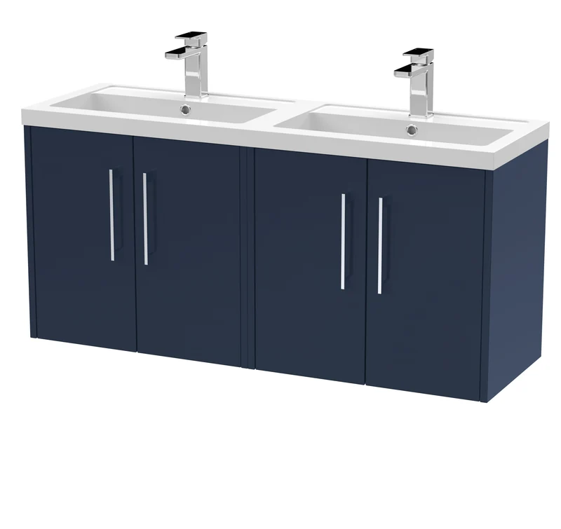 Juno 1200mm Wall Hung 4 Door Vanity Unit & Double Polymarble Basin - Midnight Blue Matt