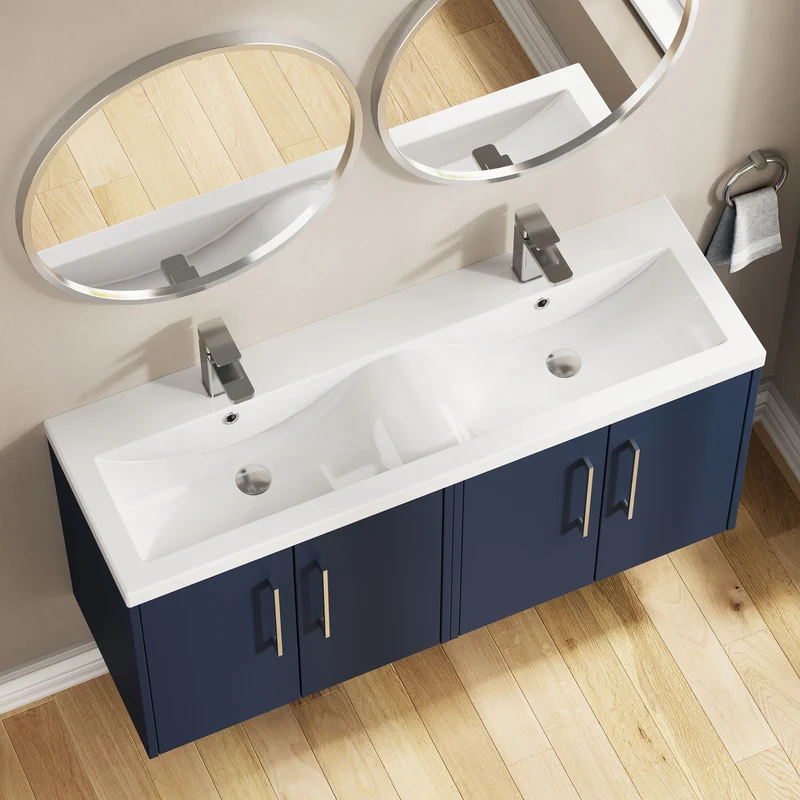 Juno 1200mm Wall Hung 4 Door Vanity Unit & Double Ceramic Basin - Midnight Blue Matt