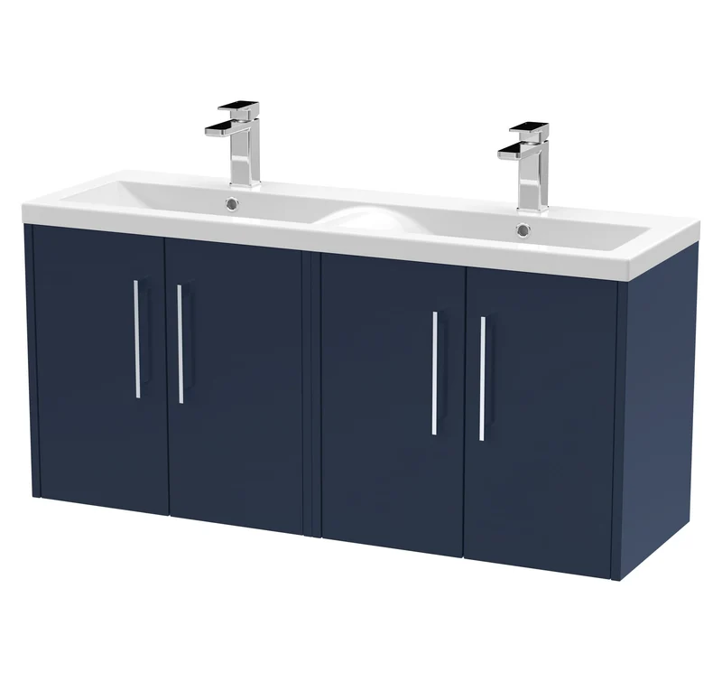 Juno 1200mm Wall Hung 4 Door Vanity Unit & Double Ceramic Basin - Midnight Blue Matt