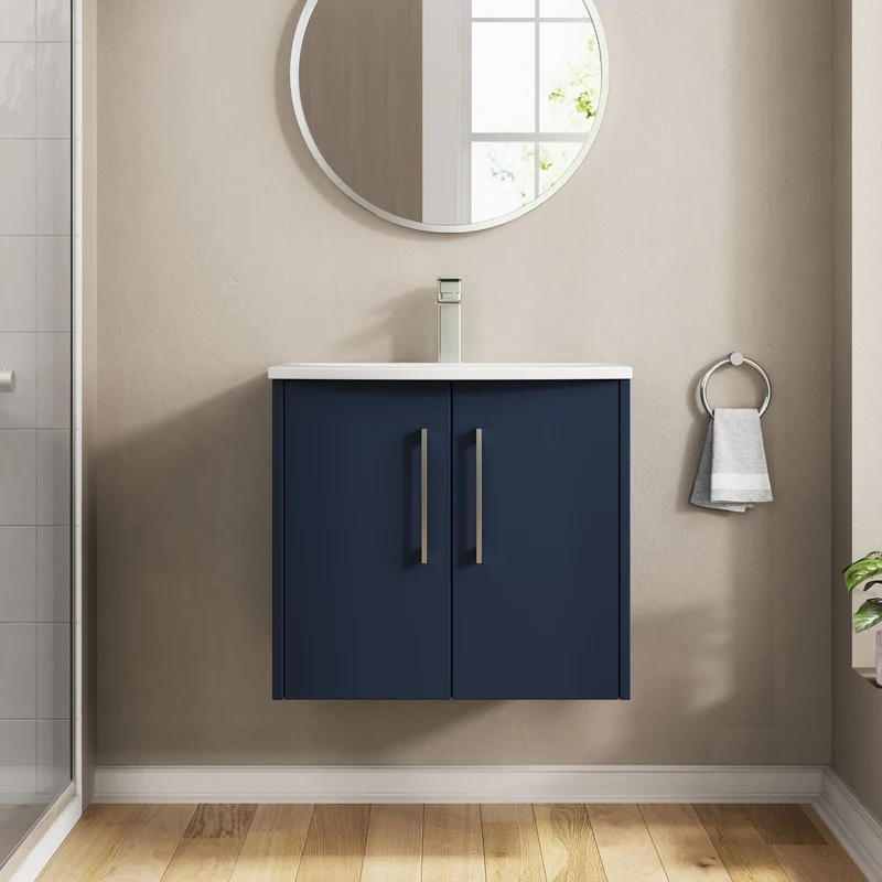 Juno 600mm Wall Hung 2 Door Vanity Unit & Curved Ceramic Basin - Midnight Blue Matt