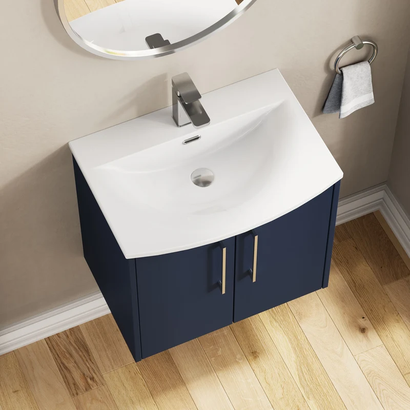 Juno 600mm Wall Hung 2 Door Vanity Unit & Curved Ceramic Basin - Midnight Blue Matt