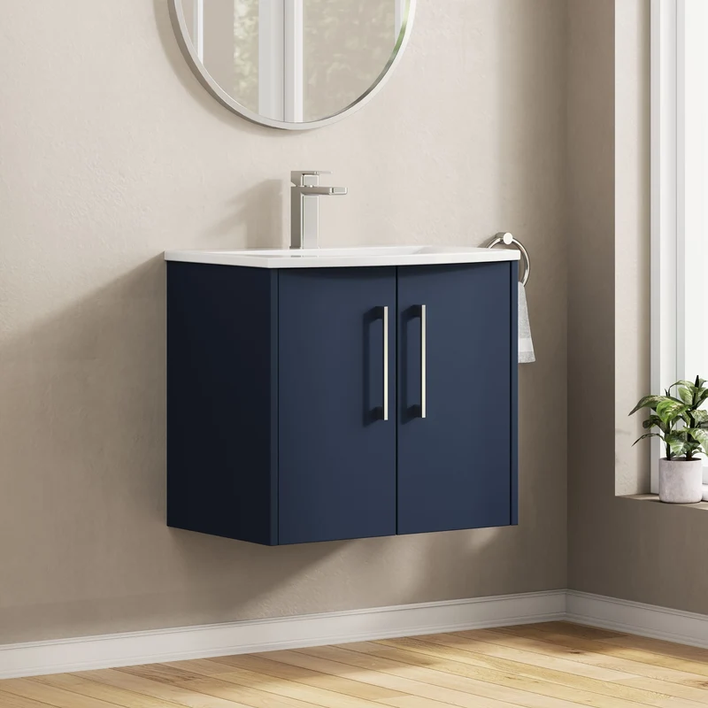 Juno 600mm Wall Hung 2 Door Vanity Unit & Curved Ceramic Basin - Midnight Blue Matt