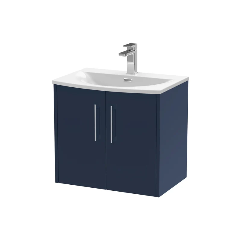 Juno 600mm Wall Hung 2 Door Vanity Unit & Curved Ceramic Basin - Midnight Blue Matt