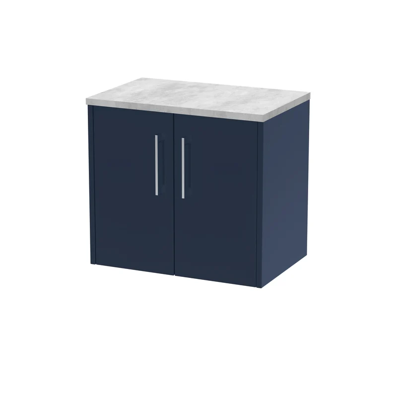 Juno 600mm Wall Hung 2 Door Vanity Unit & Bellato Grey Laminate Worktop - Midnight Blue Matt