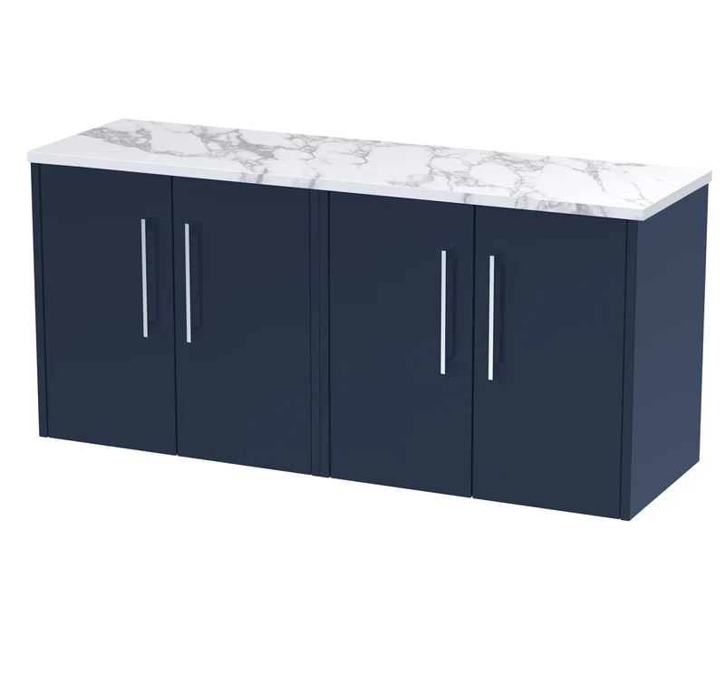 Juno 1200mm Wall Hung 4 Door Vanity Unit & Carrera Marble Laminate Worktop - Midnight Blue Matt