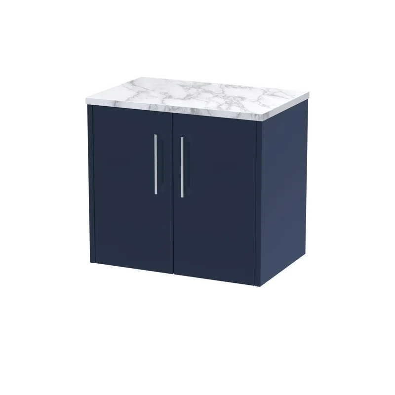 Juno 600mm Wall Hung 2 Door Vanity Unit & Carrera Marble Laminate Worktop - Midnight Blue Matt