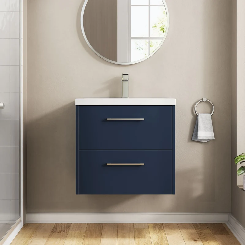 Juno 600mm Wall Hung 2 Drawer Vanity Unit & Mid Edge Ceramic Basin - Midnight Blue Matt