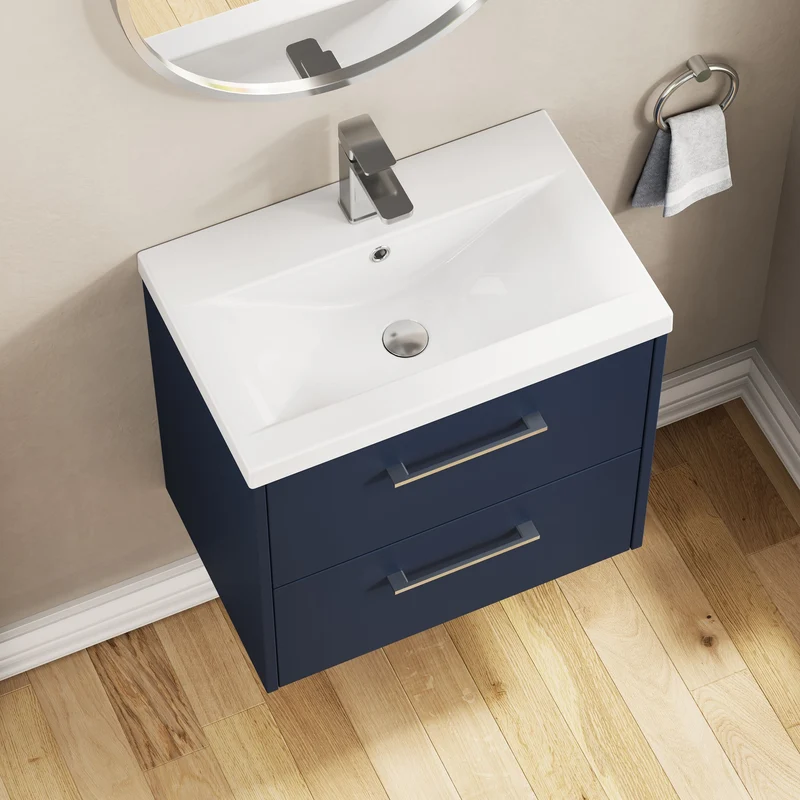 Juno 600mm Wall Hung 2 Drawer Vanity Unit & Mid Edge Ceramic Basin - Midnight Blue Matt