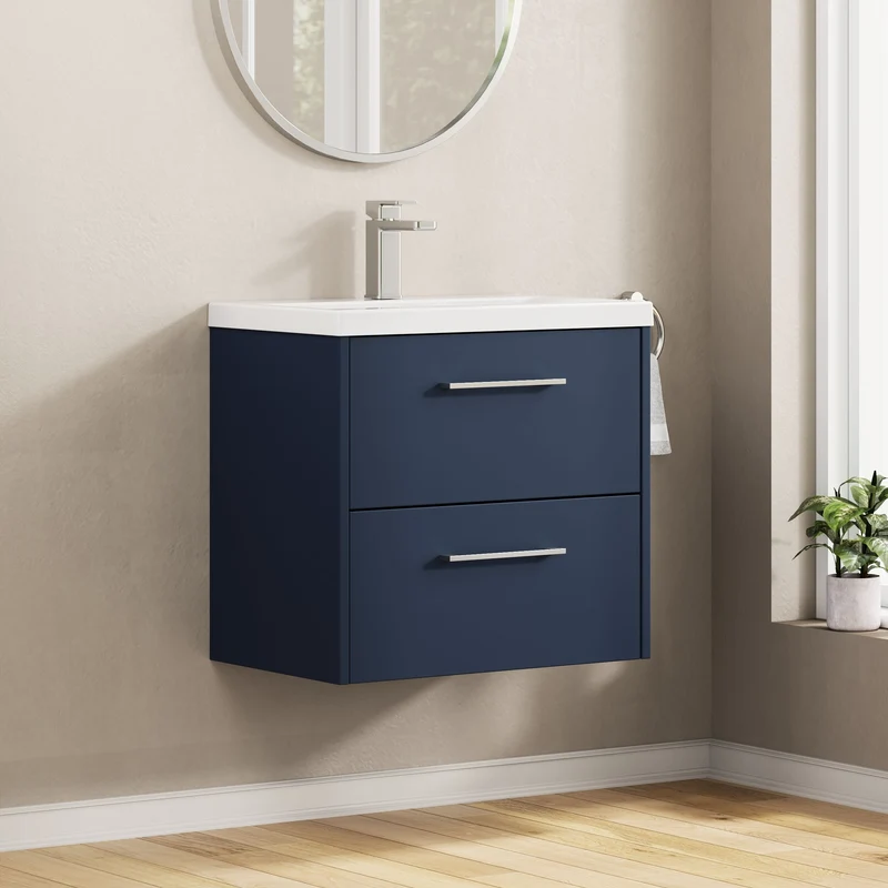 Juno 600mm Wall Hung 2 Drawer Vanity Unit & Mid Edge Ceramic Basin - Midnight Blue Matt
