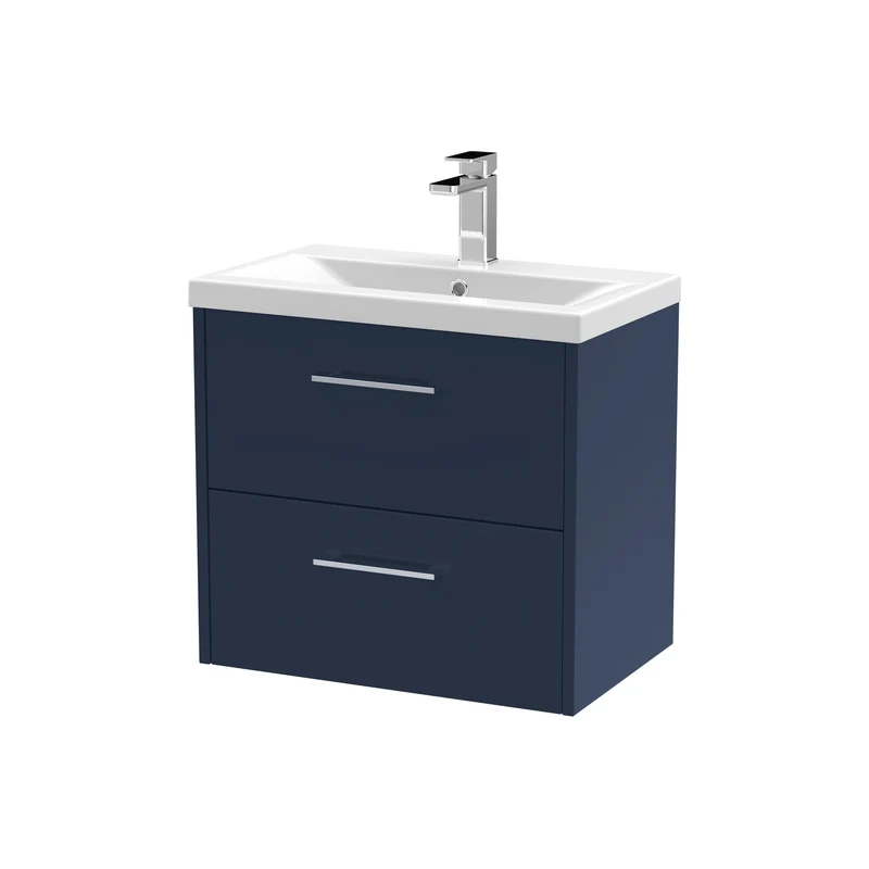 Juno 600mm Wall Hung 2 Drawer Vanity Unit & Mid Edge Ceramic Basin - Midnight Blue Matt