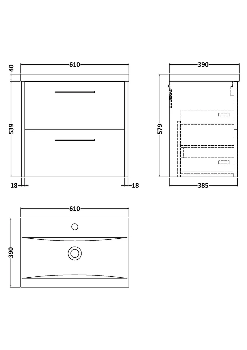 Juno 600mm Wall Hung 2 Drawer Vanity Unit & Mid Edge Ceramic Basin - Midnight Blue Matt