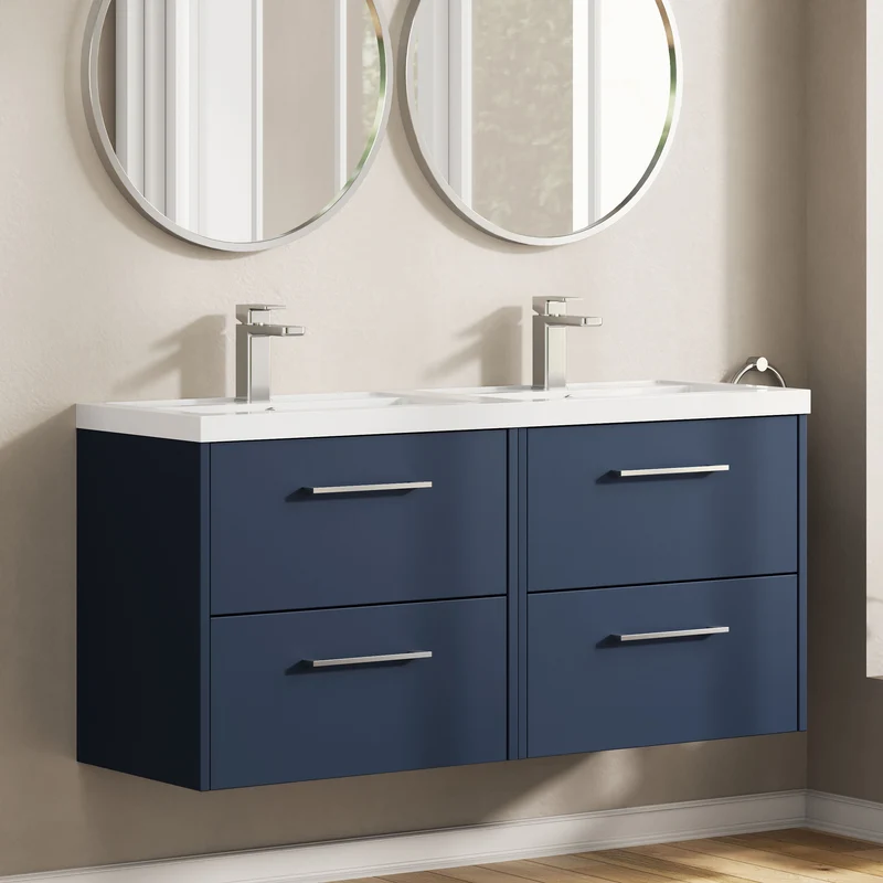 Juno 1200mm Wall Hung 4 Drawer Vanity Unit & Double Polymarble Basin - Midnight Blue Matt