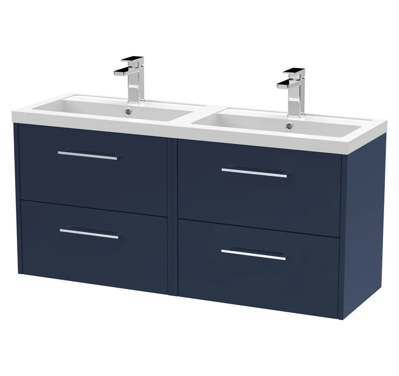 Juno 1200mm Wall Hung 4 Drawer Vanity Unit & Double Polymarble Basin - Midnight Blue Matt