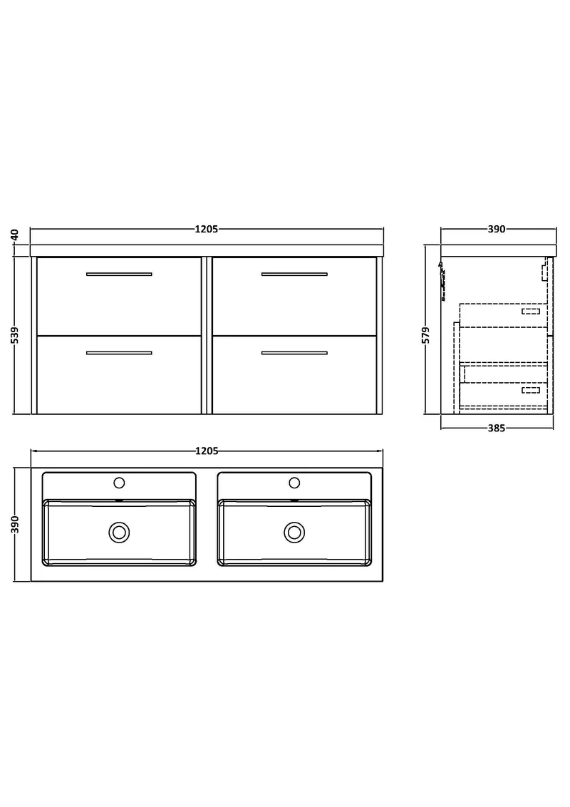 Juno 1200mm Wall Hung 4 Drawer Vanity Unit & Double Polymarble Basin - Midnight Blue Matt