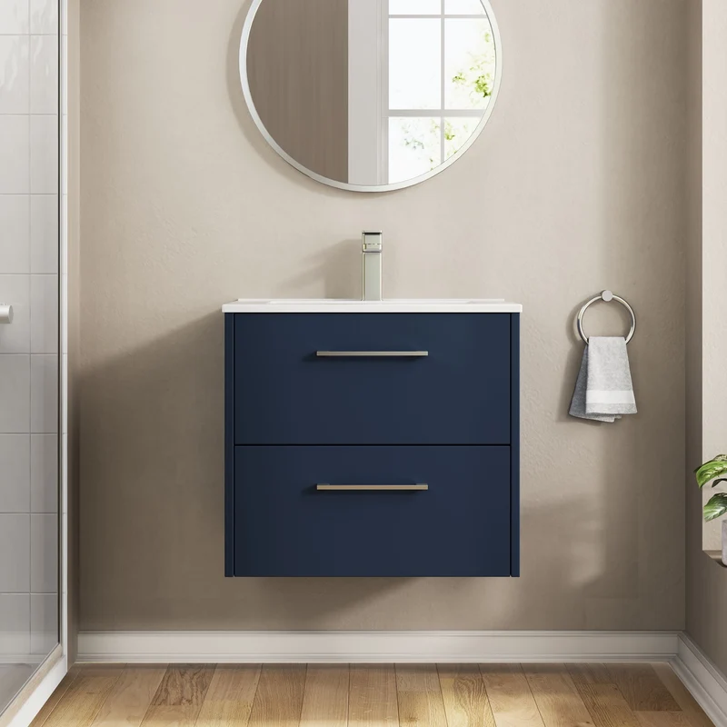 Juno 600mm Wall Hung 2 Drawer Vanity Unit & Minimalist Ceramic Basin - Midnight Blue Matt