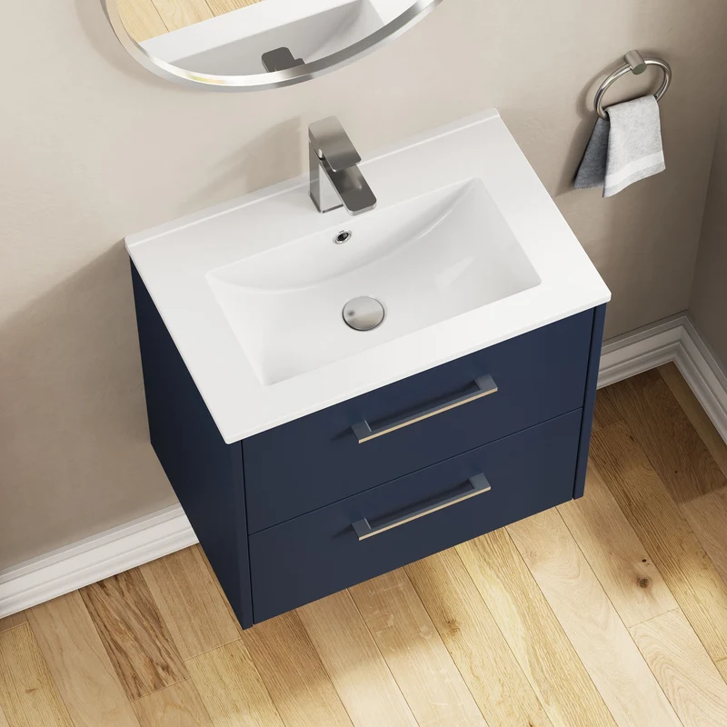 Juno 600mm Wall Hung 2 Drawer Vanity Unit & Minimalist Ceramic Basin - Midnight Blue Matt
