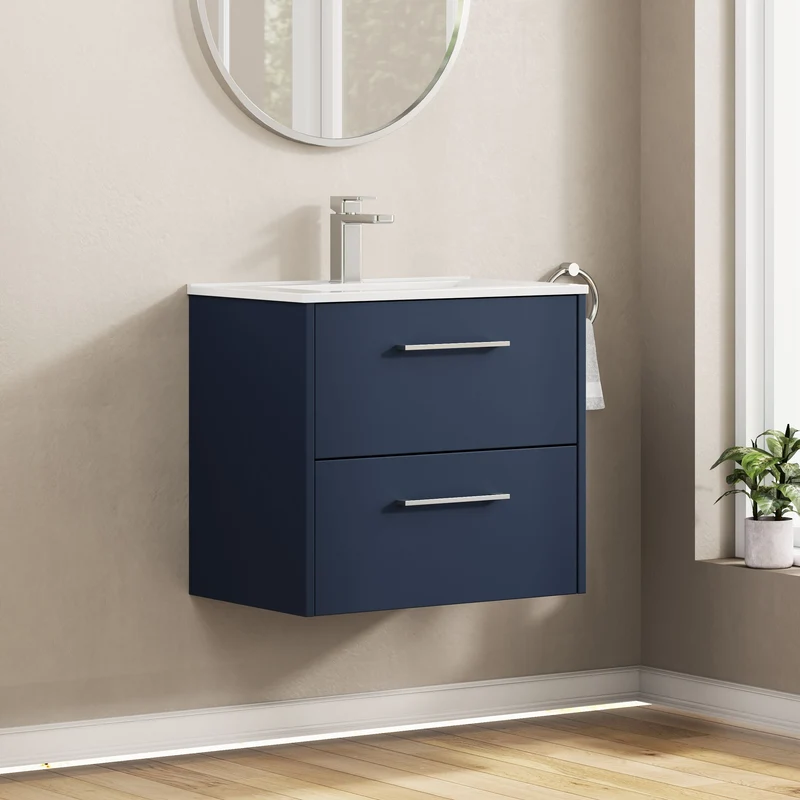 Juno 600mm Wall Hung 2 Drawer Vanity Unit & Minimalist Ceramic Basin - Midnight Blue Matt