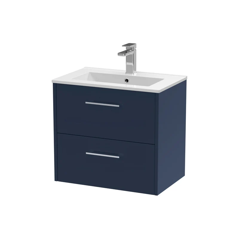 Juno 600mm Wall Hung 2 Drawer Vanity Unit & Minimalist Ceramic Basin - Midnight Blue Matt