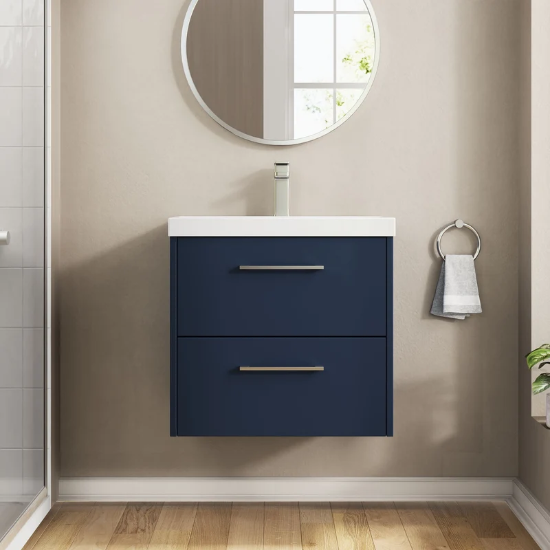 Juno 600mm Wall Hung 2 Drawer Vanity Unit & Thin Edge Ceramic Basin - Midnight Blue Matt