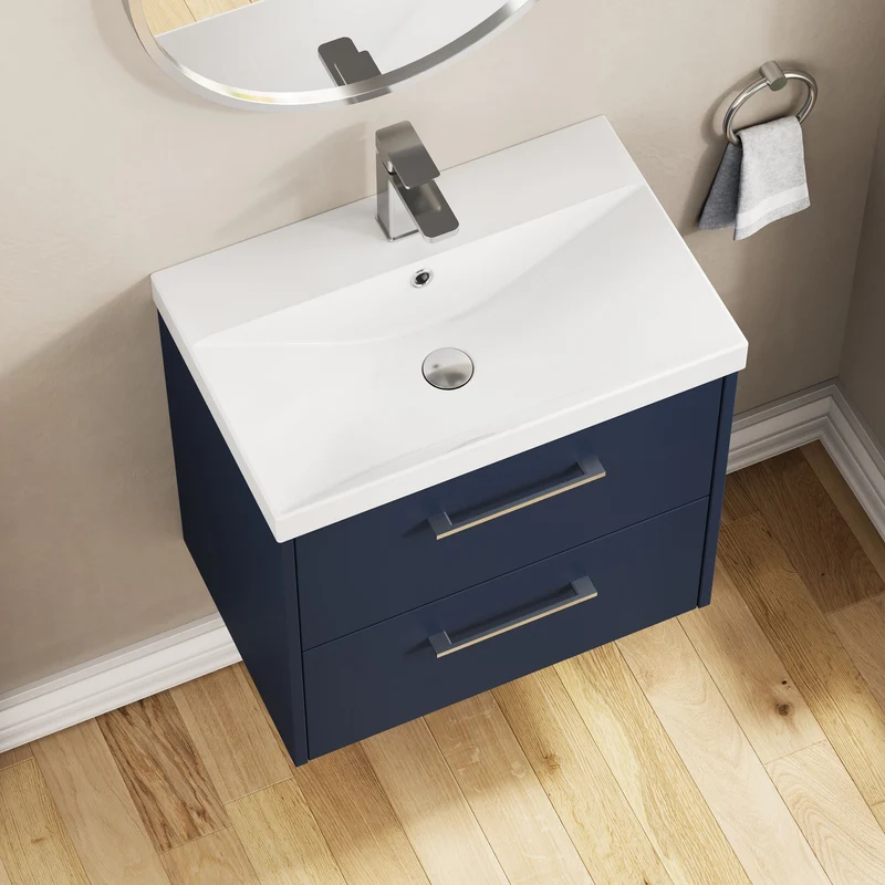 Juno 600mm Wall Hung 2 Drawer Vanity Unit & Thin Edge Ceramic Basin - Midnight Blue Matt